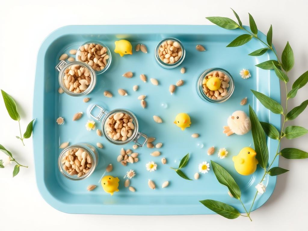 Spring sensory play with seeds and baby animal figurines