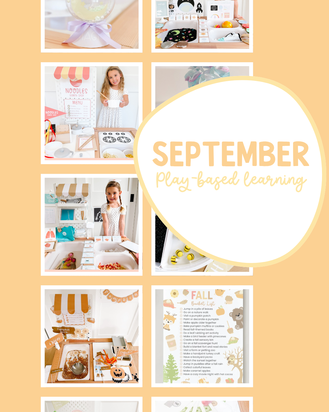 September play-based learning collage with sensory bins, pretend play and fall printables