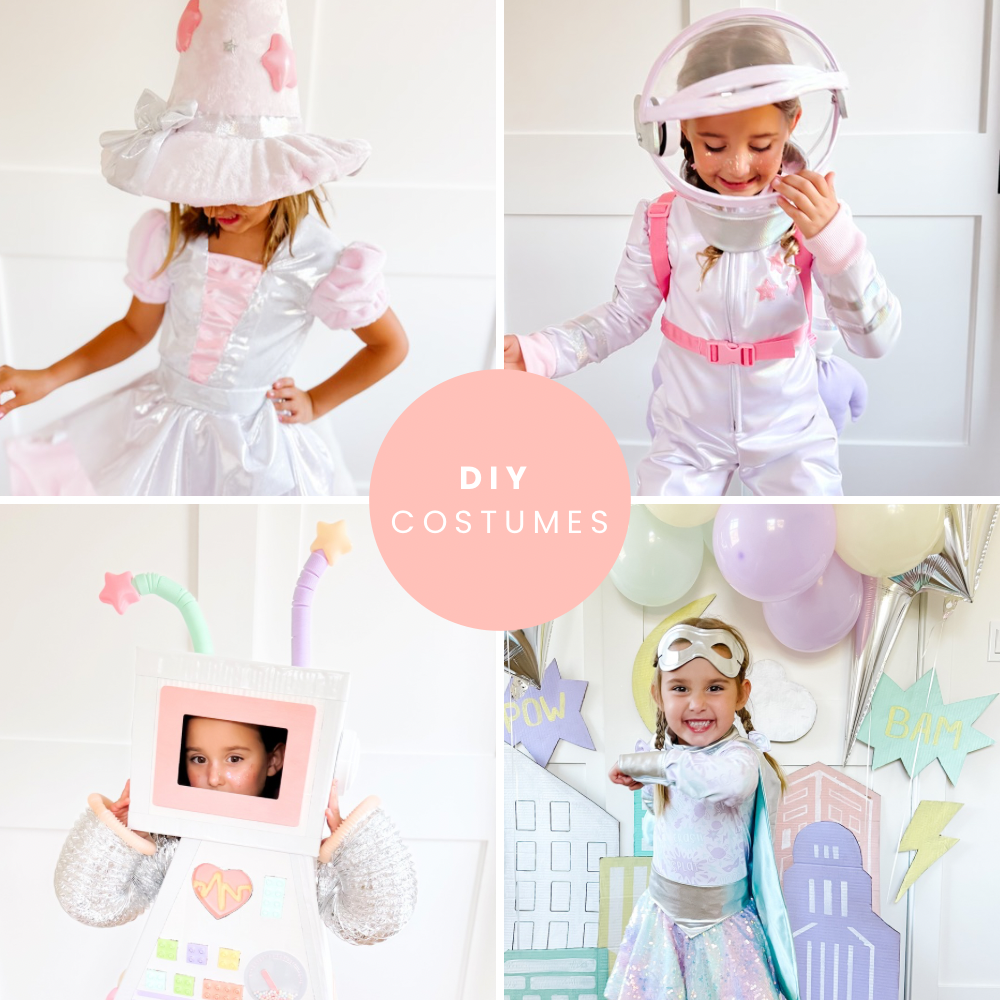 Collage of handmade kids costumes: pink witch, pastel astronaut, cardboard robot and superhero