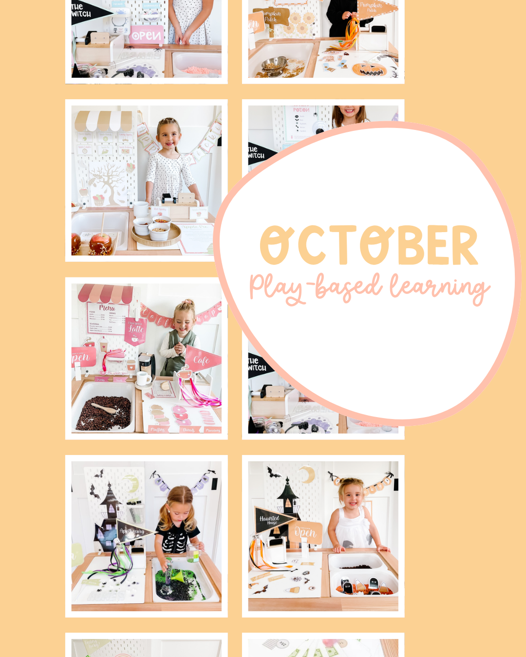 October play-based learning collage with fall café, pumpkin, potion and Halloween activities
