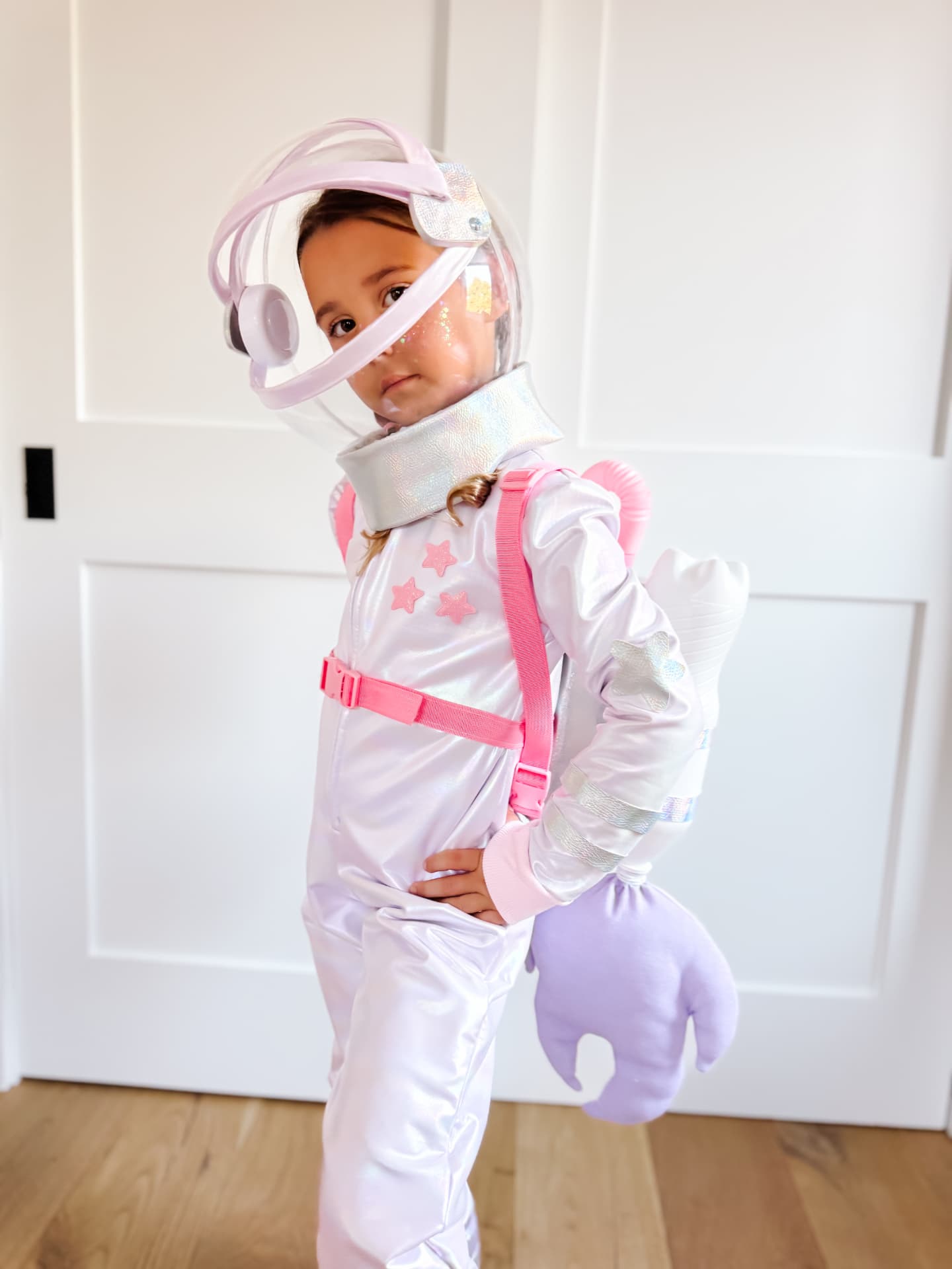 Full pastel astronaut costume with holographic spacesuit, helmet and jetpack